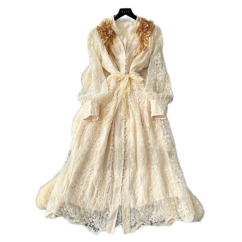 Elegant and sophisticated embroidered beaded sequin floral v-neck lantern sleeve single-breasted waist-cinching slimming embroidered dress for women