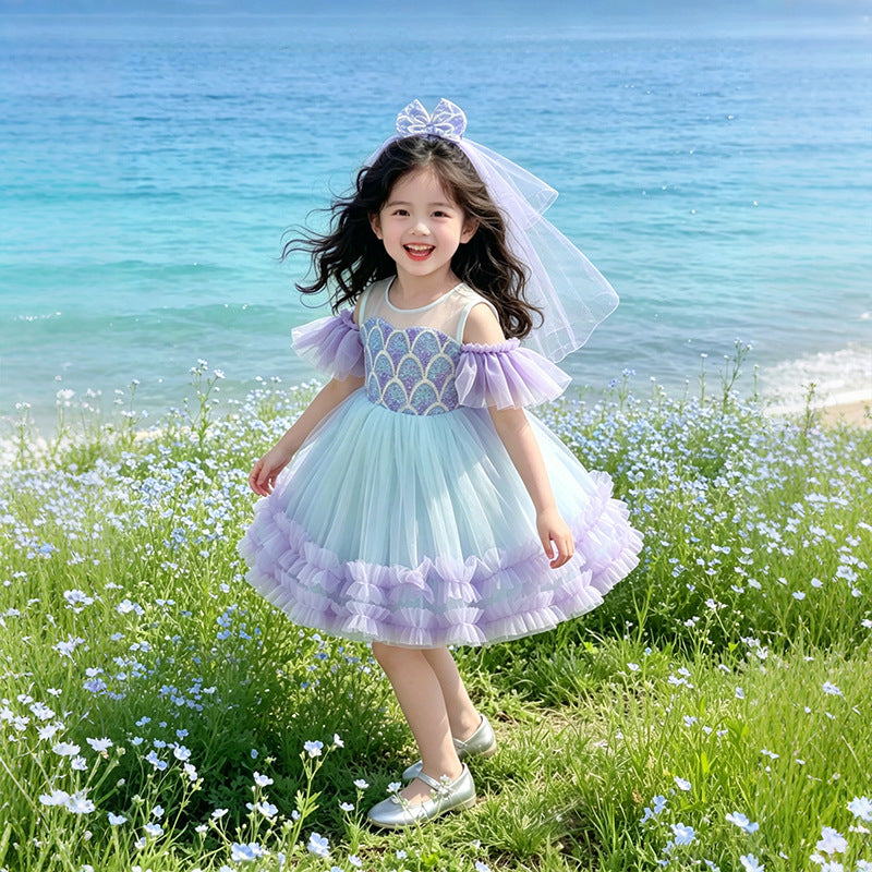 Wholesale rainbow floral princess dress for girls and toddlers - off-the-shoulder birthday dress, dance performance costume - in stock