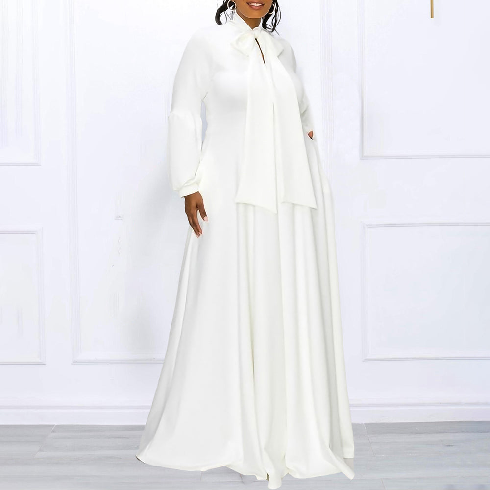 C8568  new autumn/winter solid color plus size tie-waist puff sleeve high-waisted maxi skirt african dress