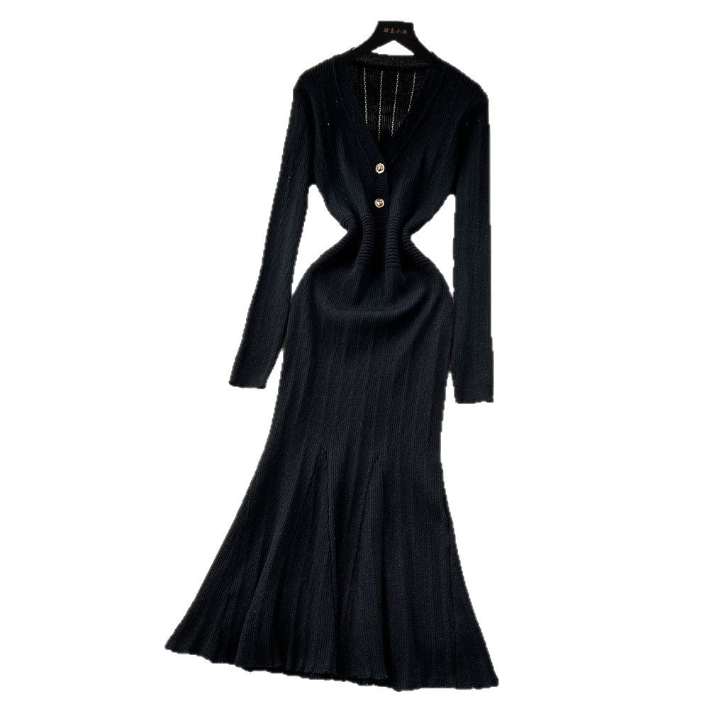 Celebrity niche styleclassy sense v neck two capsules button long sleeves waist knittingdress female autum inner wear sweater long skirt