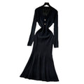 Celebrity niche styleclassy sense v neck two capsules button long sleeves waist knittingdress female autum inner wear sweater long skirt