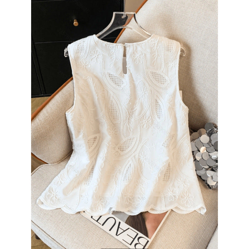 Women's new summer casual fashion vacation minimalist versatile embroidered round neck sleeveless top