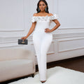 D523  european and american style sexy bodycon solid color off-the-shoulder ruffle trim short sleeve jumpsuit