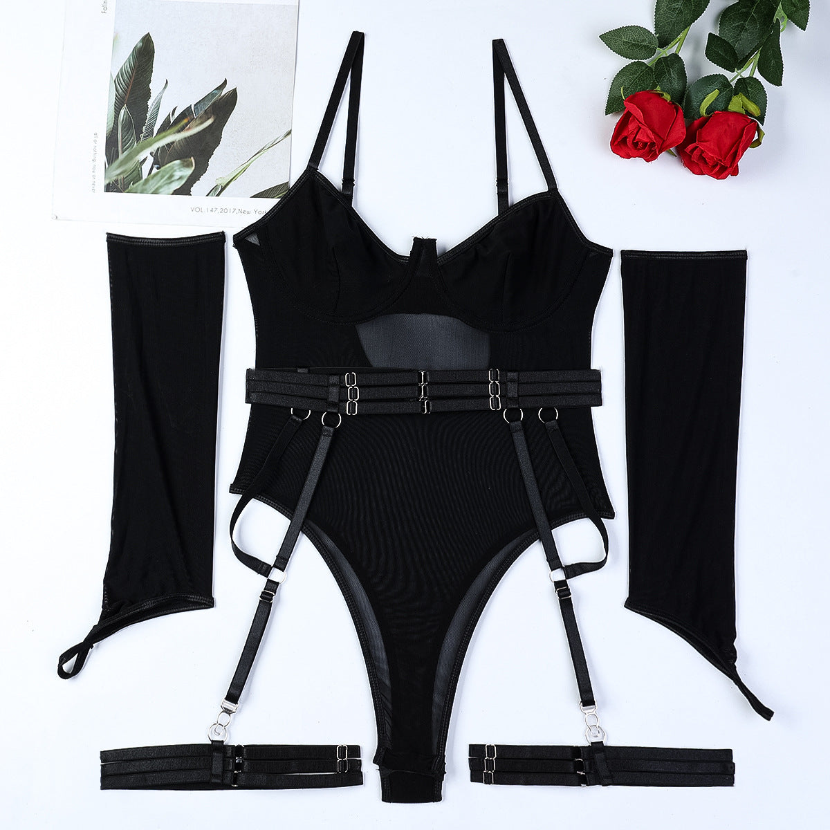 Russian explosion, European and American sexy underwear mesh strap splicing with gloves suspender onesie set 3615