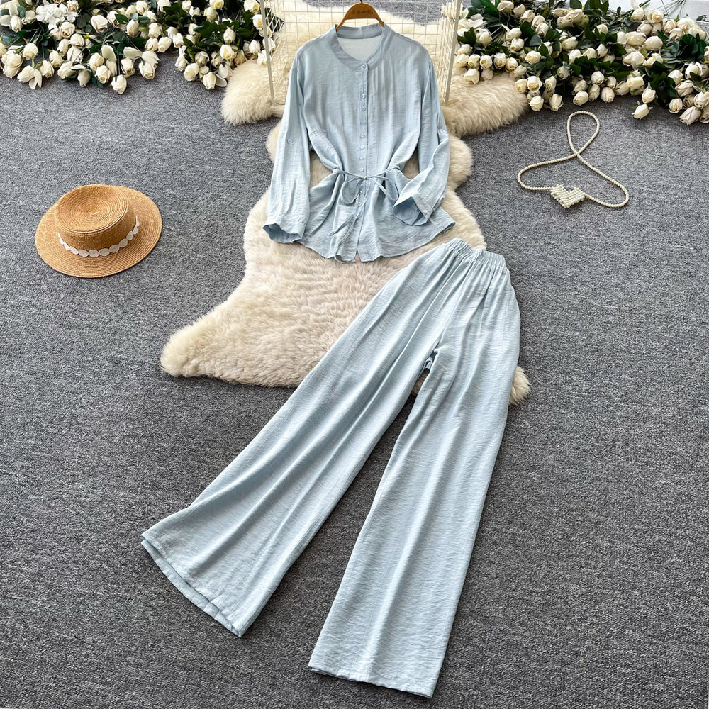 Light mature style bows strap waist shirt women's summerhigh waistloose pants silm two-piece set autumwork clothing