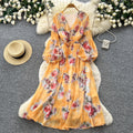 French chic floral print dress - women's v-neck puff sleeve, slimming waist, elegant maxi dress - perfect for vacation