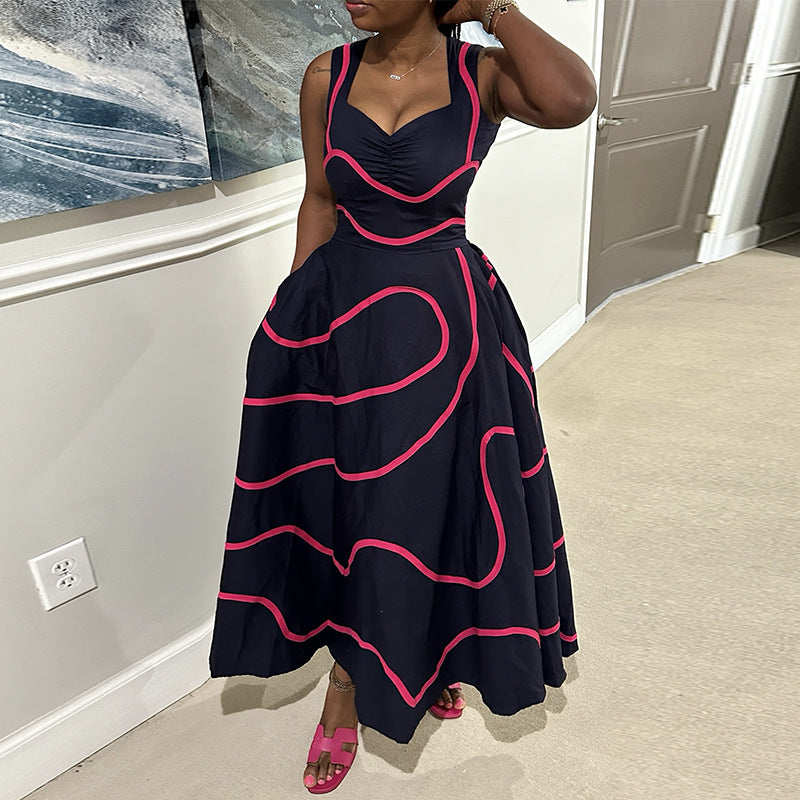 European and american cross-border women's fashion:  spring/summer new arrival - elegant v-neck, backless, color block, high-waisted, long slip dress