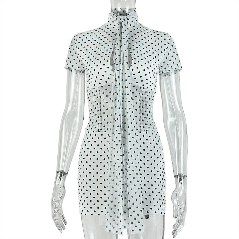 European and american style cross-border chic women's crop top sexy design short sleeve dress set halter neck tie-up polka dot two-piece outfit