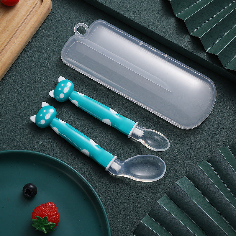 Baby cartoon spoon set, silicone soft head spoon, elbow spoon combination, baby tableware pp box.