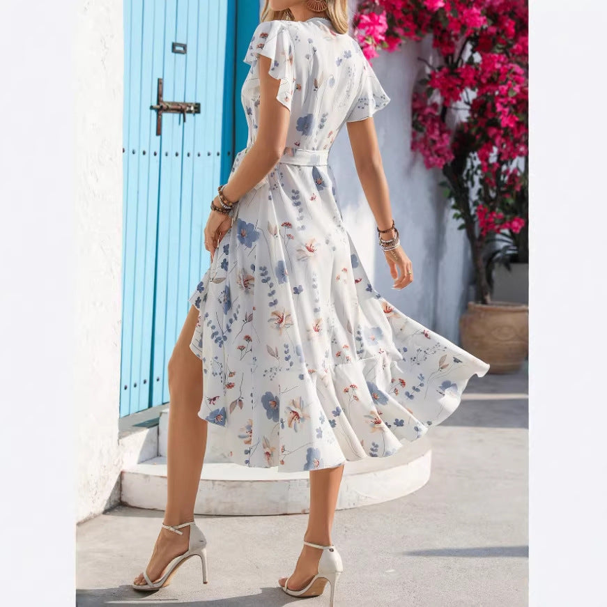 & independent store bestseller: printed ruffle-trimmed short-sleeve dress