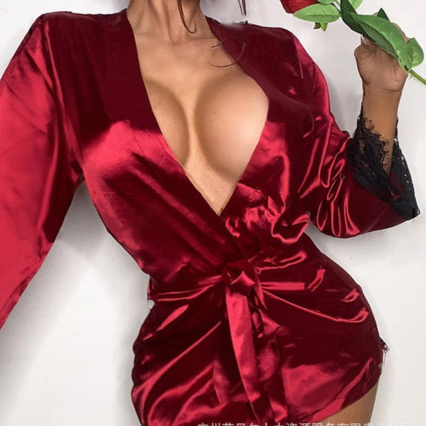 ZT743 European and American  sexy splicing lace backless perspective nightgown seduction erotic underwear deep V lace-up pajamas