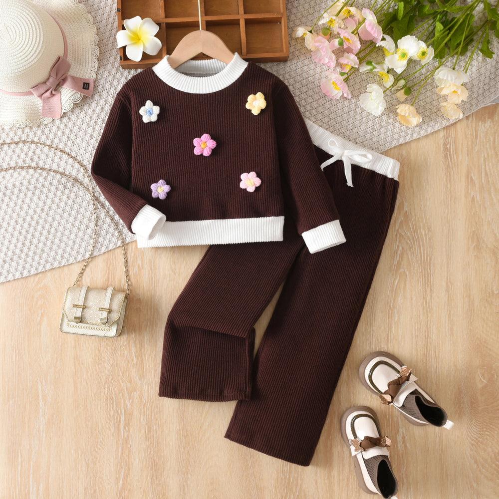 Girls' fall/winter outfit: dark brown knit top with white collar and matching pants - two-piece set for kids