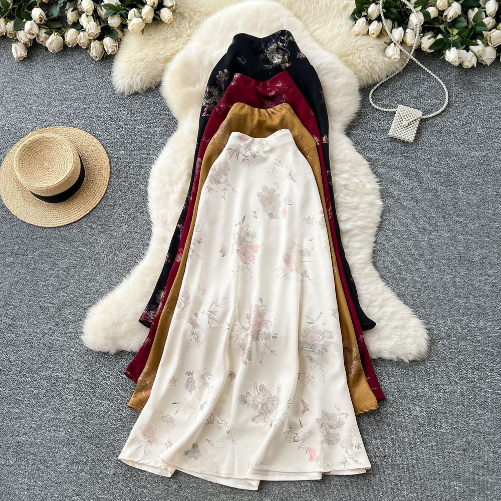 Lightly mature style classy sense hot stamping printing fishtail skirt for women 2025 summer high waistslimming look satin hip mid-length skirt