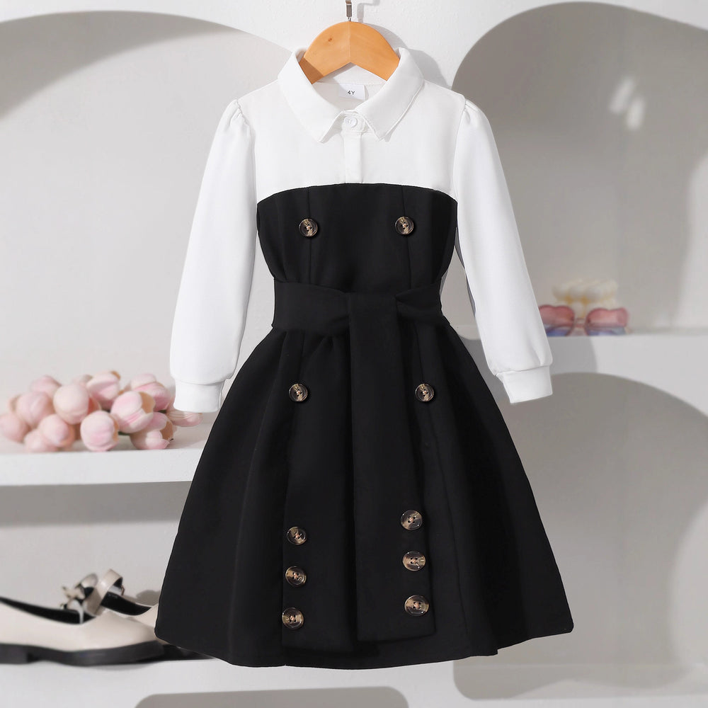 Girls' dress, button-down collar patchwork dress + belt