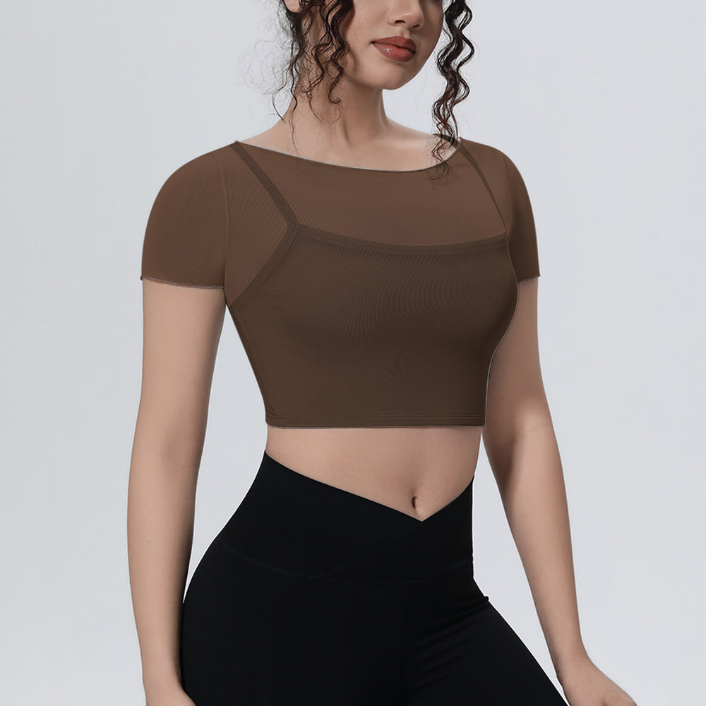 Fake two-piece mesh sports short-sleeved t-shirt for women with chest pad and navel-baring topsoutwear yoga quick-drying slimming look fitness clothes