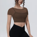 Fake two-piece mesh sports short-sleeved t-shirt for women with chest pad and navel-baring topsoutwear yoga quick-drying slimming look fitness clothes