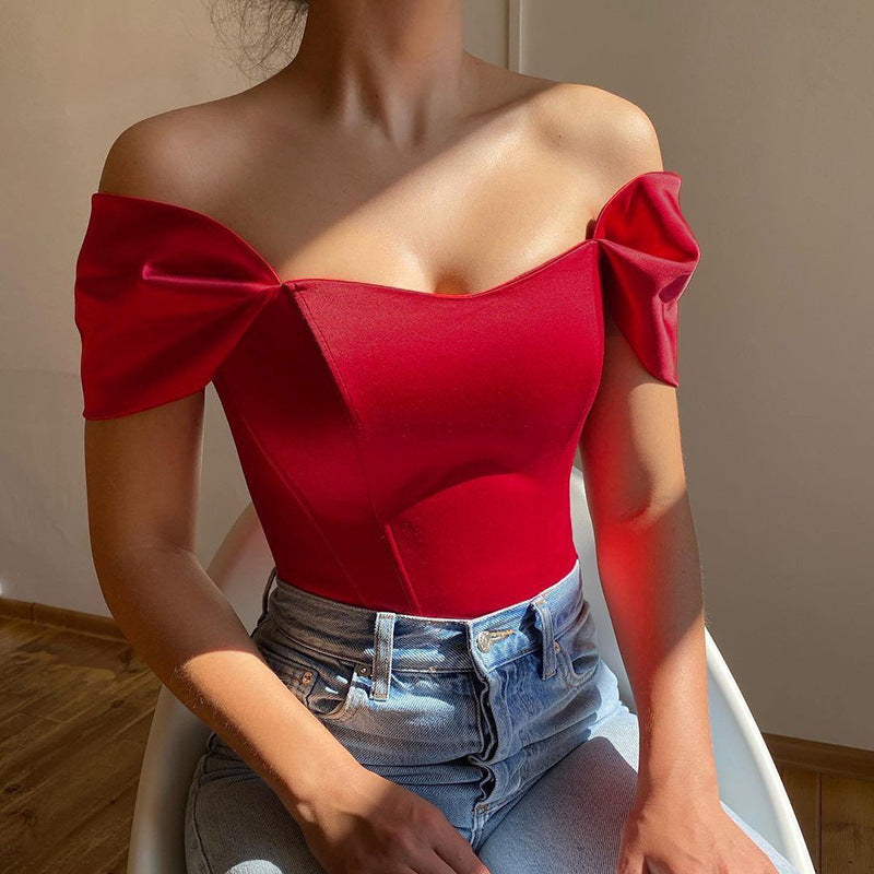 summer new arrival cross-border fishbone corset bandeau top women's satin off-the-shoulder blouse european and american style