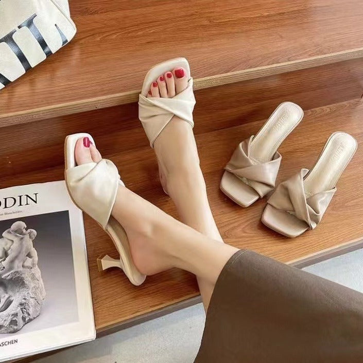 2024summernew arrivalcasual high-heeled one-line sandals cat-heeled high-heeled shoes french women's outwear half slippers