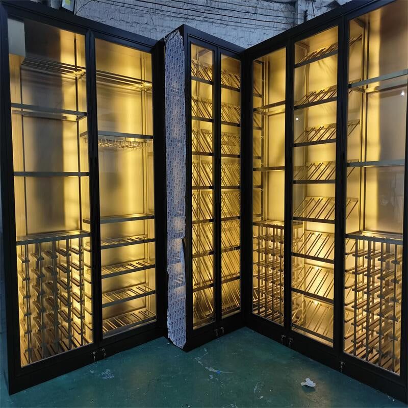 Stainless steel thermostatic wine cabinet display case, metal and glass double door, luxury wine storage for villas, living rooms, wine cellars, and wineries