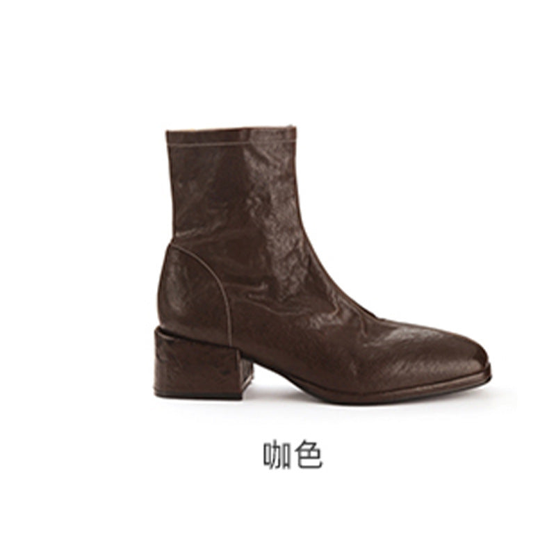Grape mom's same style washed horse leather square toe thin boots women's thick heel short boots fall and winter stylethick sole small ankle boots for women