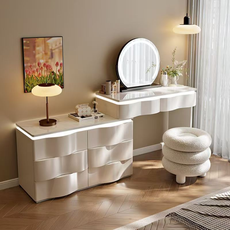 2025 new luxury solid wood vanity table - minimalist bedroom makeup desk with integrated chest of drawers, small storage cabinet, and makeup mirror