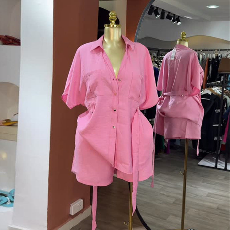 European and american cross-border women's fashion  autumn new arrival: casual turn-down collar loose tie-waist short sleeve shirt and wide-leg shorts set