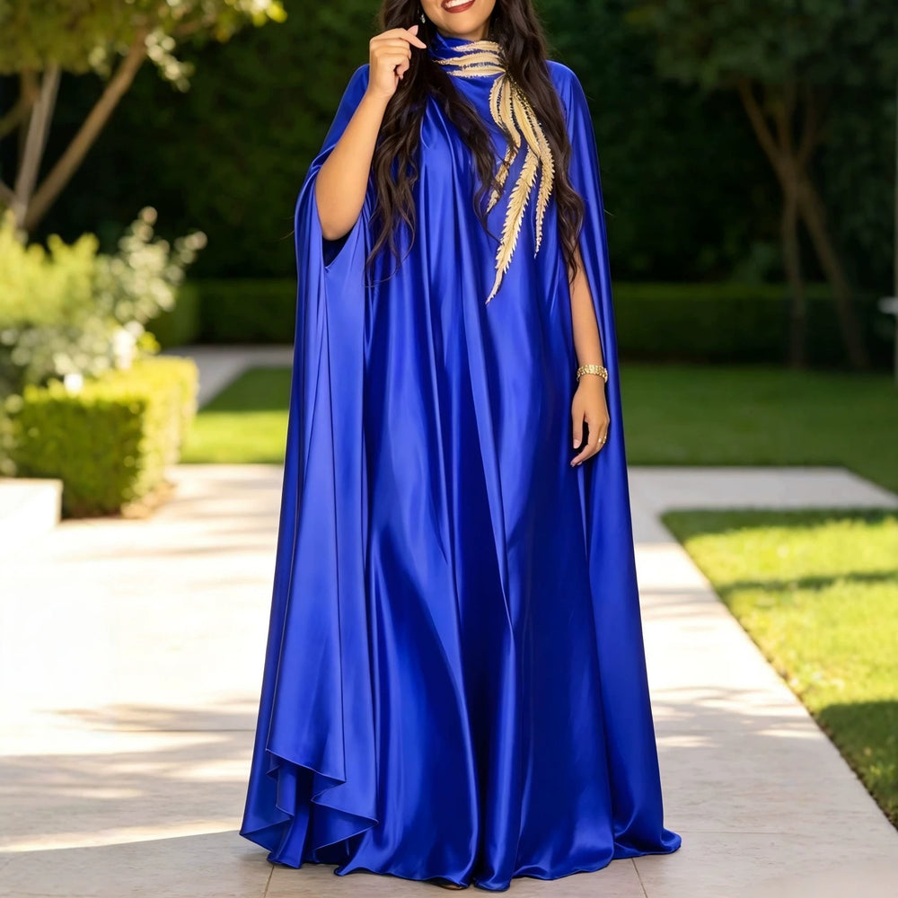 African new solid color cape sleeve banquet dress satin embroidered applique wedding robe gown bubudress