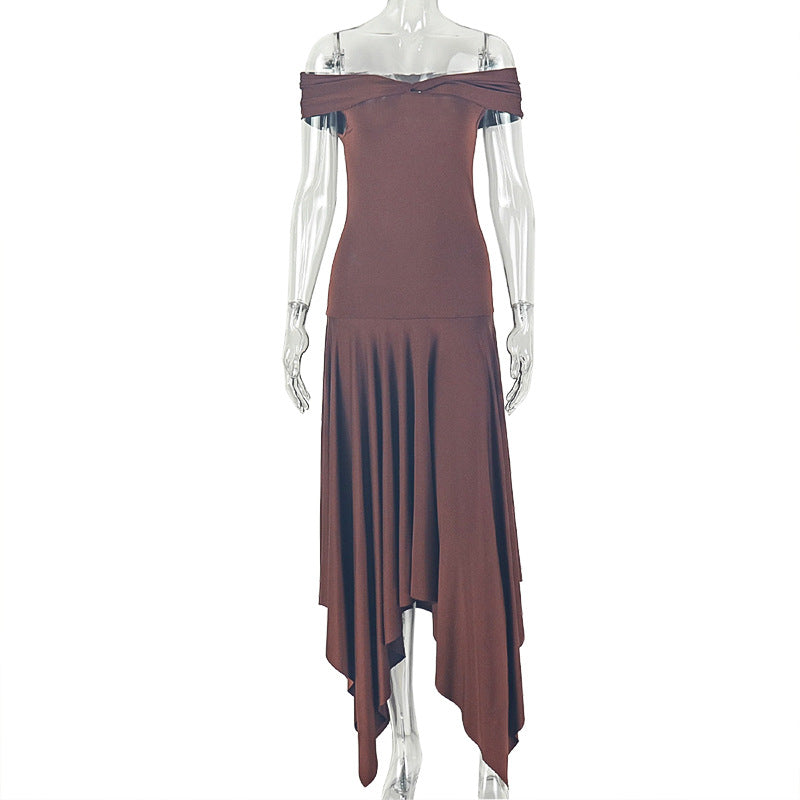Fashion style cross-border pure colorcasual women's one-line collar silm hip skirt tube topbackless shopping sexydress