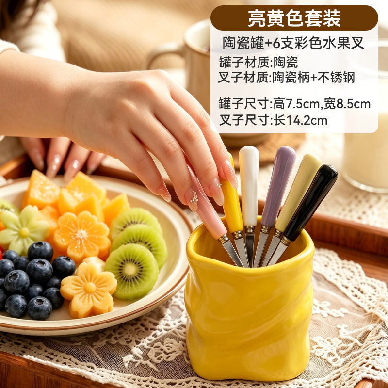 Premium 304 stainless steel portable fruit fork storage cup - creative, colorful, and wholesale ceramic cup holder