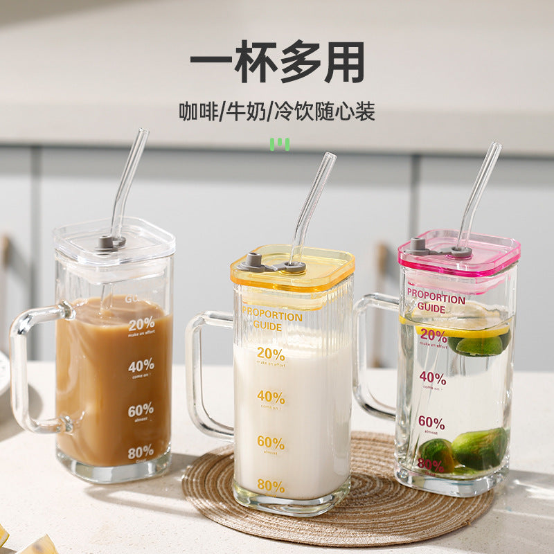 Square glass light luxury with bamboo cover juice cold drink cup household straw cup high value fruit teacup activity gift