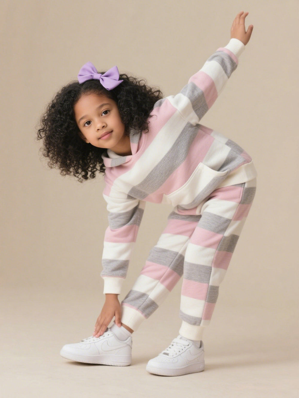 Girls' casual color block striped hoodie and jogger set - autumn activewear two-piece outfit for kids