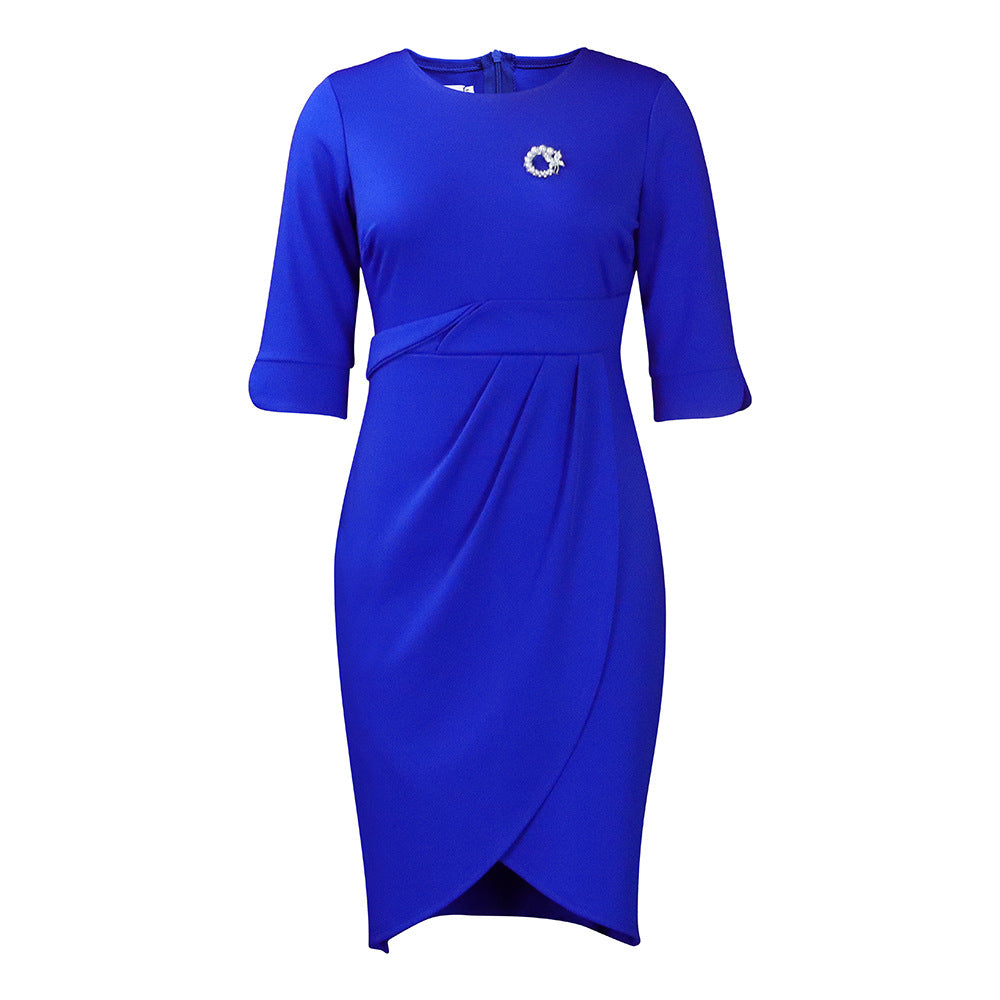 D364 with brooch foreign trade large size women's clothing  cross-border summer elegant elegant pleated european and american dress