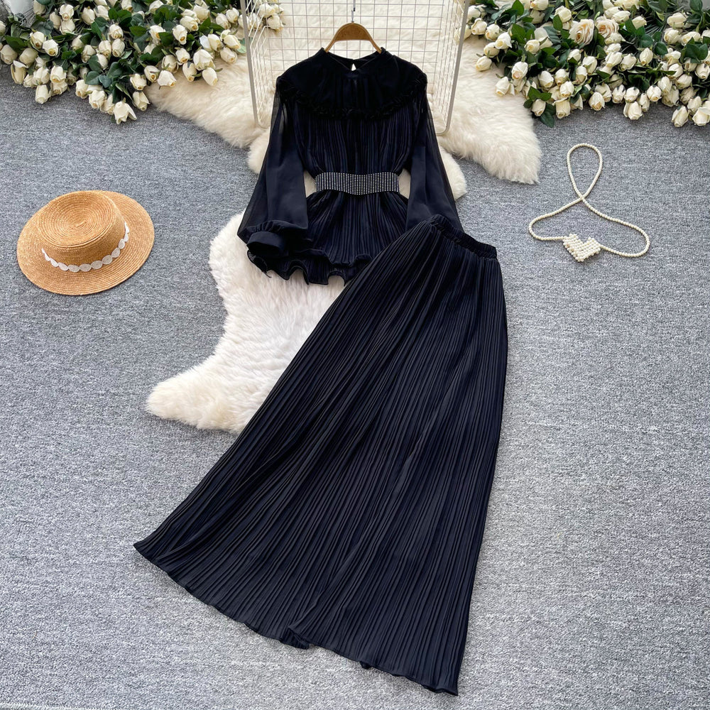 French work clothing style purple lantern sleeve waist pleated skirt for women autumelegantfashiontwo-piece set