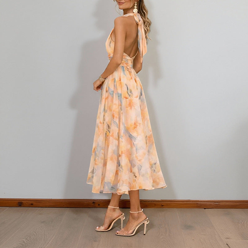 women's summer new arrivals: european and american cross-border fashion - elegant printed halter neck, cinched waist, backless dress