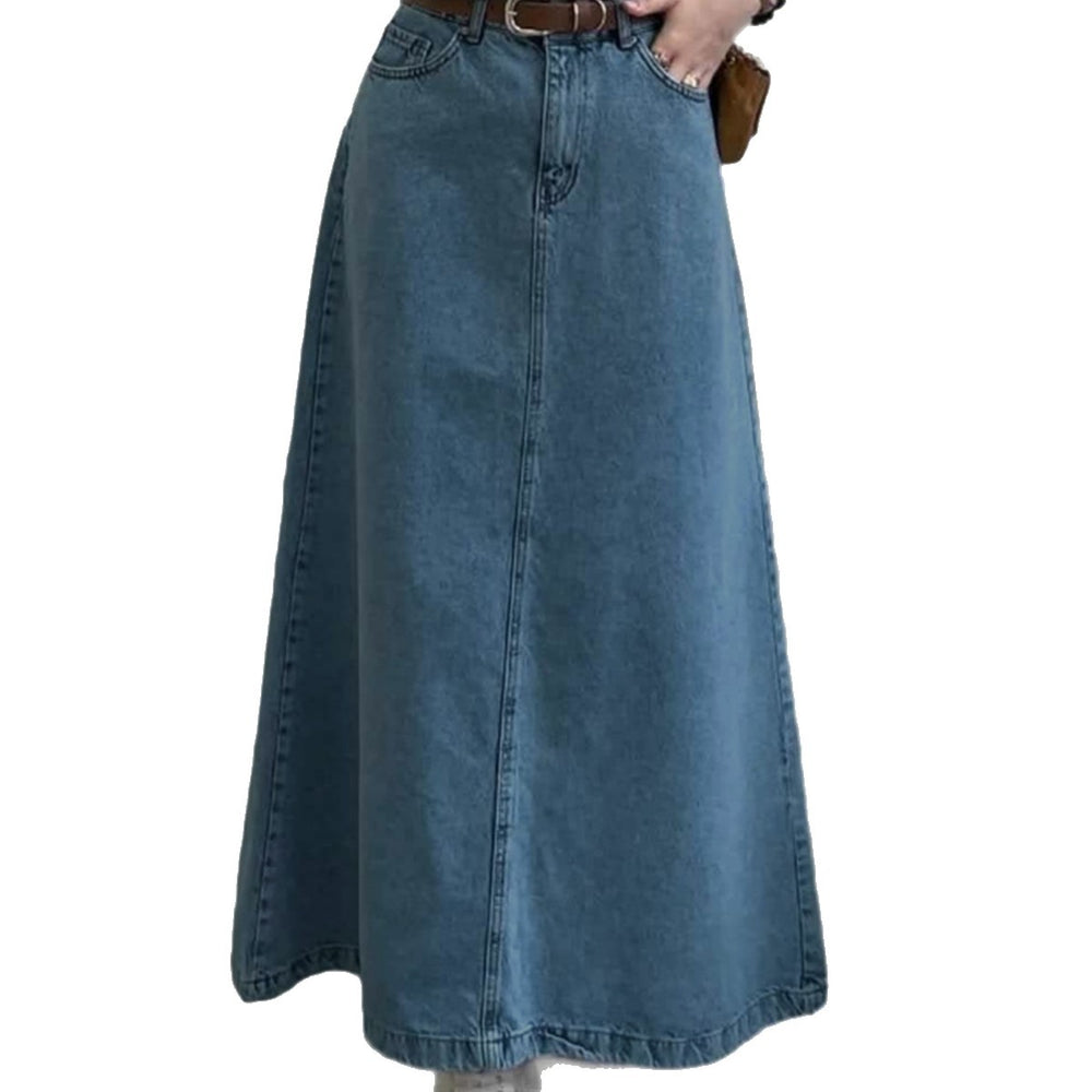 Vintage blue washed midi skirt - women's high-waisted a-line denim skirt - casual, versatile, slimming, non-stretch maxi skirt
