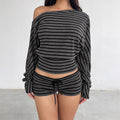 American retrostripesprintingloose shoulder t-shirt women's autumexporteasiest for matchins waist new arrivaltops