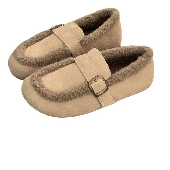 Retrofleece-lined loafers for women 2026fall and winterheattech shoes slip-on grandma soft bottom birkenstock shoes women's shoes cotton shoes