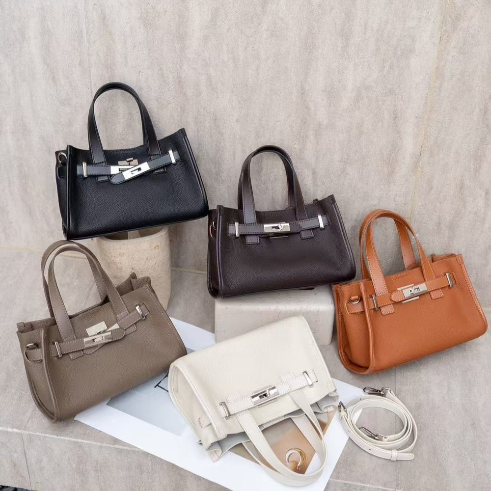 First-layer cowhide niche style design tote bag classy sense 2024fall and winter novice hand-held kelly bag shoulder crossbody bag for women
