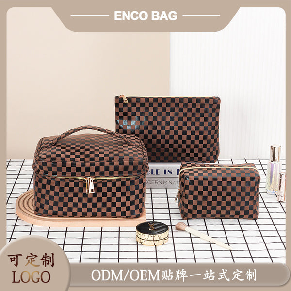 Customized manufacturer Processing source factory Korean cosmetics trend light luxury women's cosmetic bag checkerboard storage grid
