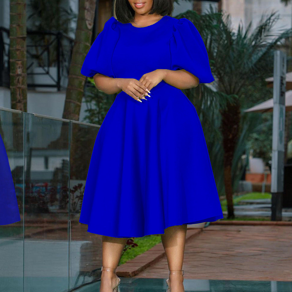 fashion  summer round neck elegant puff sleeves waist large swing elegant elegance a-line exportdress