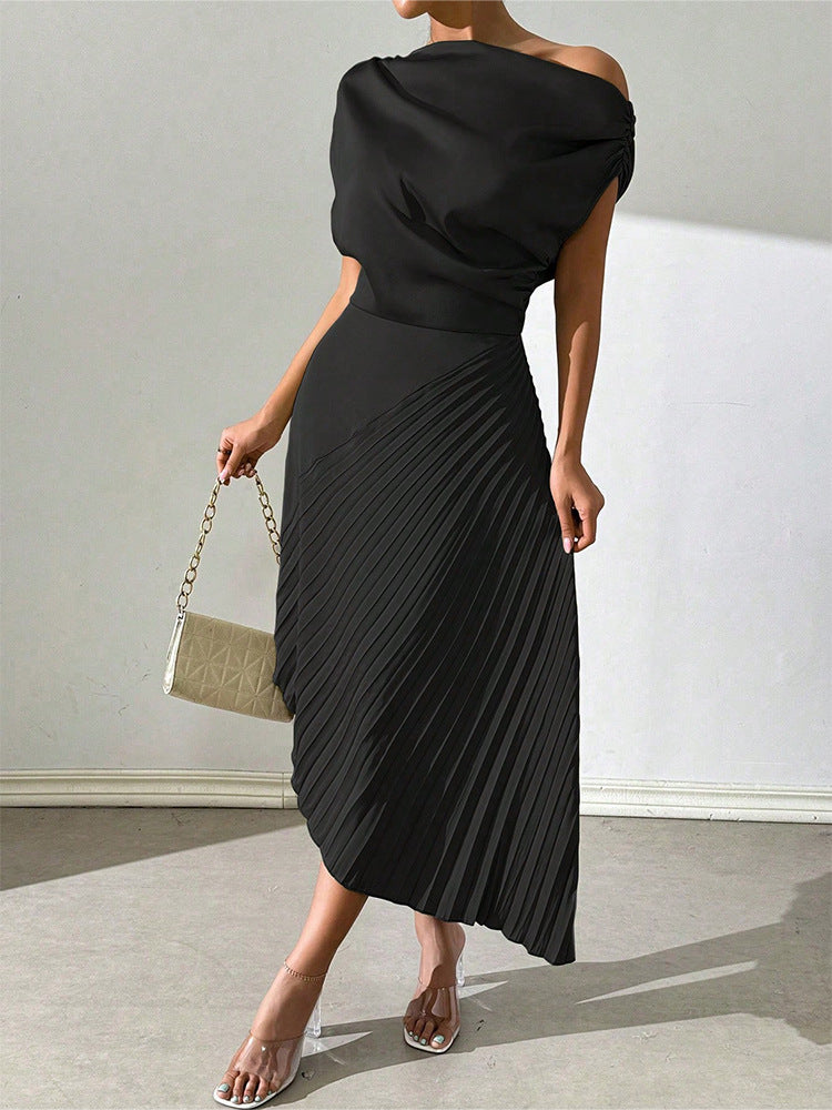 Amazon fashion summer new arrivalelegance oblique shoulder one-line collar pleated hip covering sense of design asymmetricaldress women