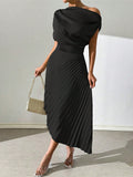 Amazon fashion summer new arrivalelegance oblique shoulder one-line collar pleated hip covering sense of design asymmetricaldress women