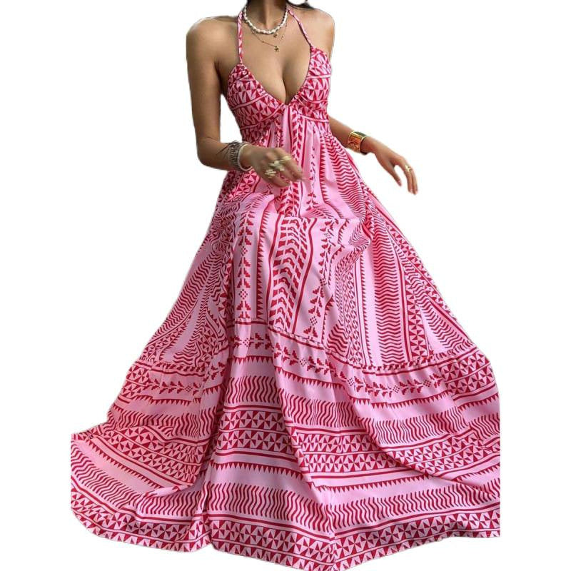 Amazon  summer new arrival: printed beach vacation style v-neck halter backless tie-up dress for women