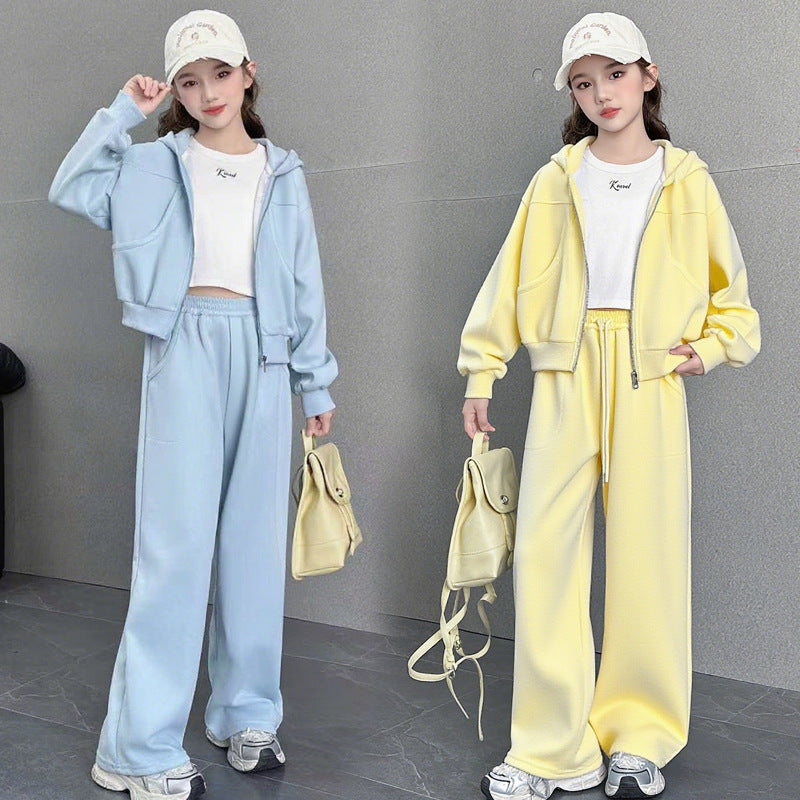Girls' spring/autumn casual two-piece set:  new fashion wide-leg pants solid color activewear set - stylish and trendy