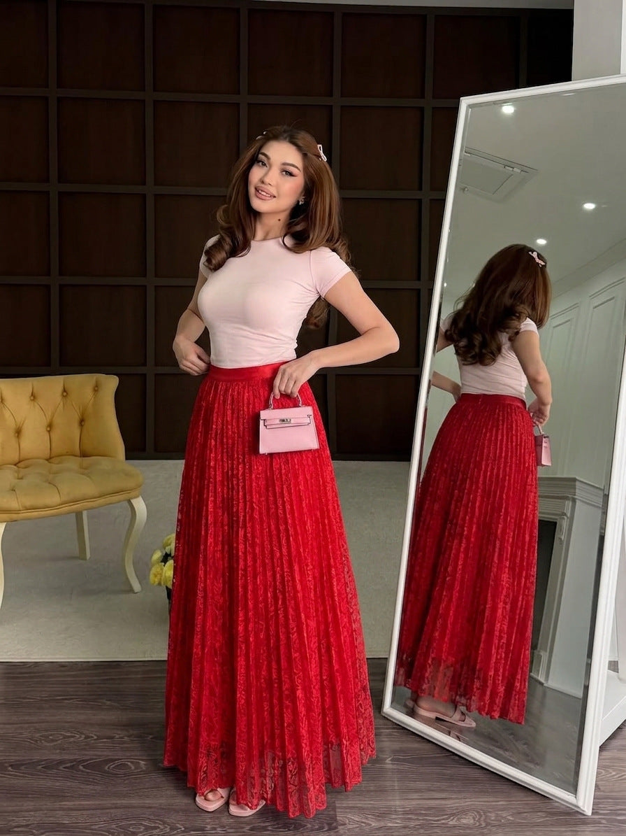 Fashionexport cross-border fashion high waistsweetlacepleated skirt long skirt a-line skirt slimming lookeasiest for matchwork clothing