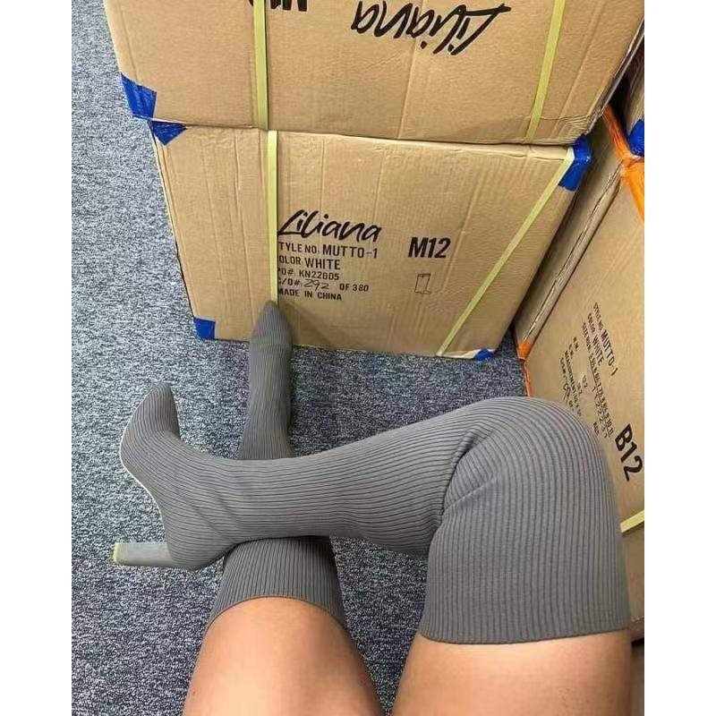Autumn winter pointed toe thick heel knitting over-the-knee boots women's fashion cross-border exportplus size elastic wool socks boots