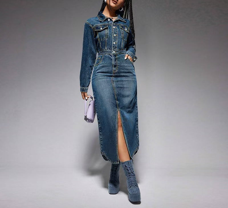 Amazon independent station  cross-border women's lapel button long sleeves slit new arrival denim longdress