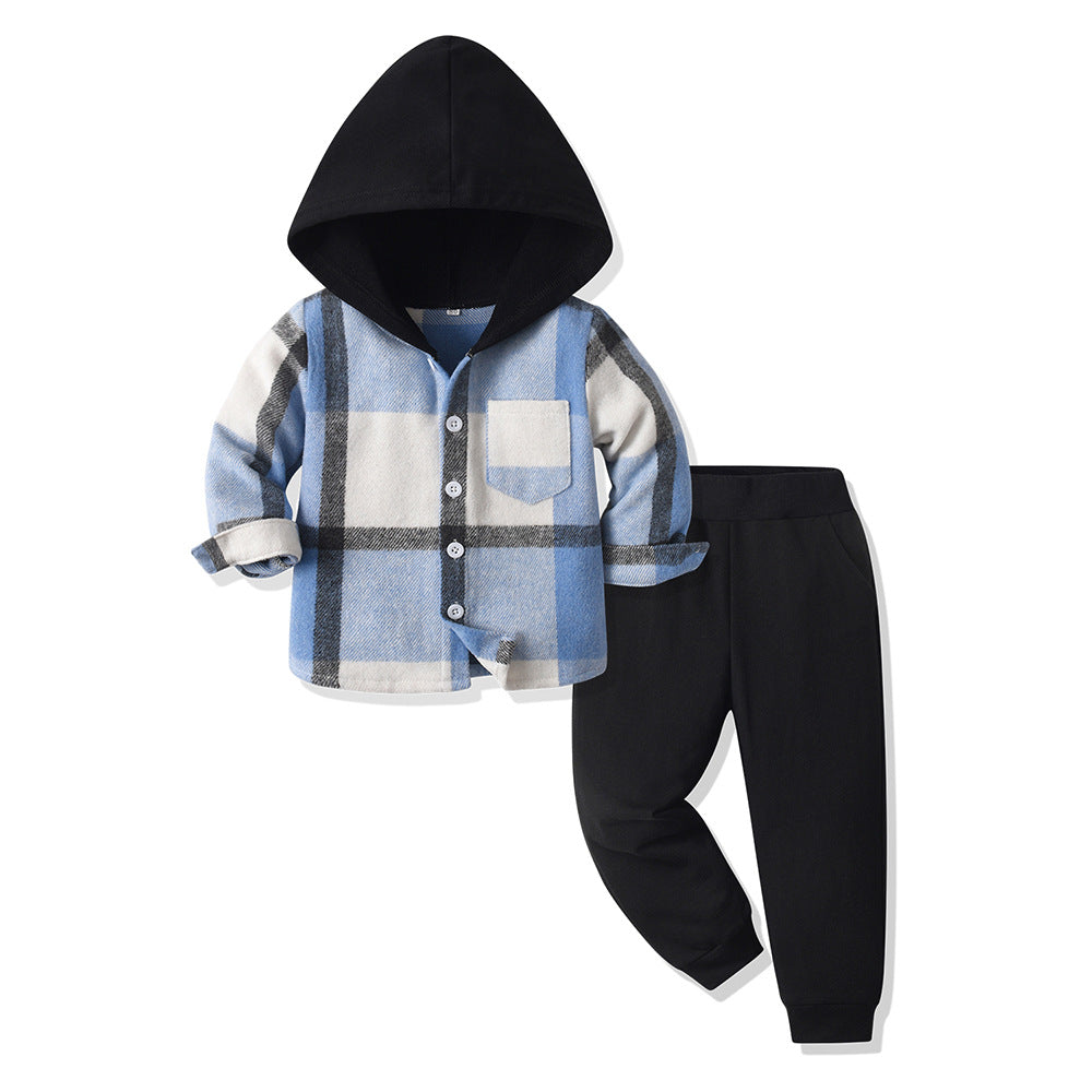 boys' autumn suit, new handsome fashionablekids autumn suit, plaid shirt two-piece set, baby boy autum children's clothing
