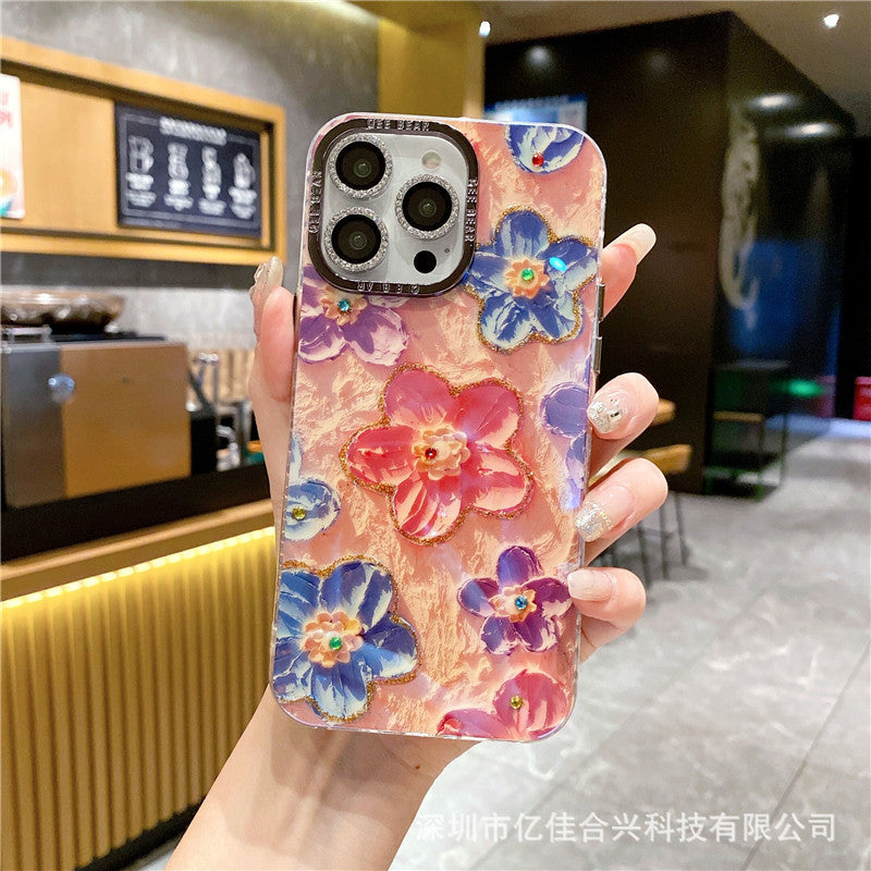 Rainbow floral oil painting iphone 17 pro max diamond glitter phone case, luxury shockproof protective cover for iphone 16 & 15, compatible with iphone 13