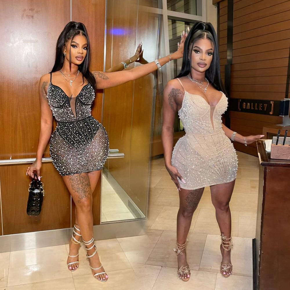 C6602   fashion women's solid color rhinestone mesh sleeveless cami mini dress